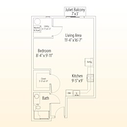 A floor plan of a Juliet balcony apartment with a living area, bedroom, kitchen and bath.