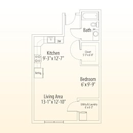 A floor plan of a small apartment with a kitchen, bath, bedroom, and living area.