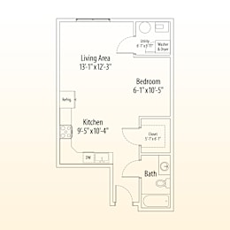 A floor plan of a small apartment with a living area, bedroom, kitchen, and bathroom.