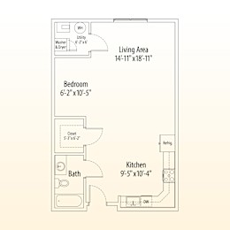 A floor plan of a small apartment with a living area, bedroom, kitchen, and bathroom.