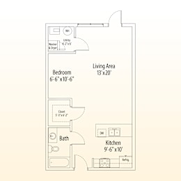 A floor plan of a small apartment with a bedroom, bathroom, kitchen, and living area.