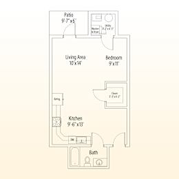 A floor plan of a small apartment with a kitchen, living area, and bathroom.