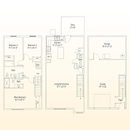 A floor plan of a house with a deck, two bedrooms, a living/dining area, a kitchen, a bathroom, a storage area, and a garage.