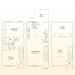 A floor plan of a house showing the layout of the main bedroom, kitchen, living/dining area, garage, and storage.