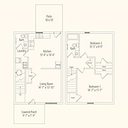 A floor plan of a house with a living room, kitchen, two bedrooms, and a patio.