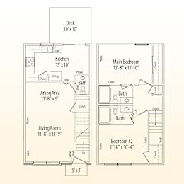 A floor plan of a house with a deck, kitchen, dining area, living room, and two bedrooms.