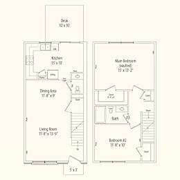 A floor plan of a house with a deck, kitchen, dining area, living room, and two bedrooms.