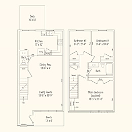 A floor plan of a house with a deck, kitchen, dining area, living room, two bathrooms, two bedrooms, and a porch.