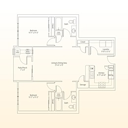 A floor plan of a house with two bedrooms, a living area, a kitchen, a pantry, a laundry room, and storage.
