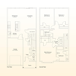A floor plan of a two-story house with labeled rooms and dimensions.