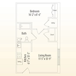 A floor plan of a small apartment with a bedroom, living room, kitchen, and bathroom.