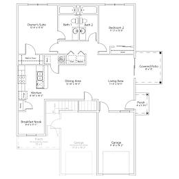 A floor plan of a house with a garage, two bedrooms, a dining area, a kitchen, a breakfast nook, a covered patio, and a living area.