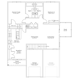 A floor plan of a house with a garage, two bedrooms, a dining area, a living area, a kitchen, a breakfast nook, a porch, and two bathrooms.