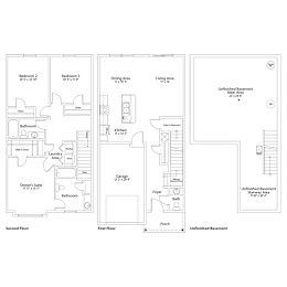 A floor plan of a house with two bedrooms, a bathroom, a kitchen, a dining area, a living area, a garage, a foyer, a porch, and an unfinished basement.