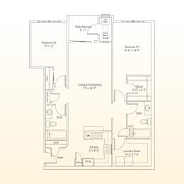 A floor plan of a house with two bedrooms, a living area, a kitchen, a bathroom, a laundry room, and a foyer.