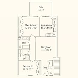 A floor plan of a home with a patio, pantry, two bedrooms, a living room, and an eat-in kitchen.