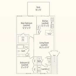 A drawing of a house floor plan with a deck, two bedrooms, a living room, a kitchen, and bathroom.