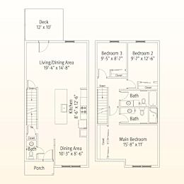 A floor plan of a small apartment with a deck, two bedrooms, a living/dining area, a kitchen, a bathroom, and a porch.