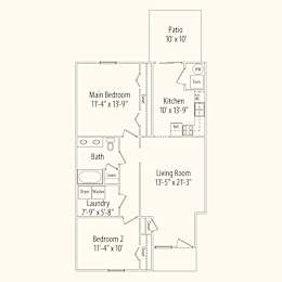 A floor plan of a home with a living room, two bedrooms, a bathroom, laundry, and a kitchen.