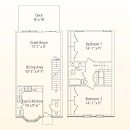 A floor plan of a small apartment with a deck, two bedrooms, a dining area, a great room, and an eat-in kitchen.