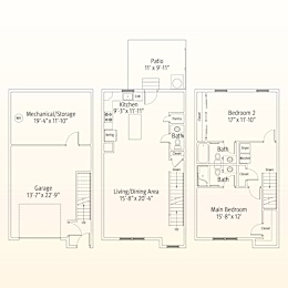 A floor plan of a house with a garage, living area, kitchen, and two bedrooms.