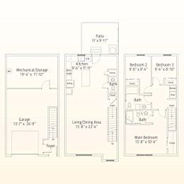 A floor plan of a house with a garage, kitchen, living area, and three bedrooms.