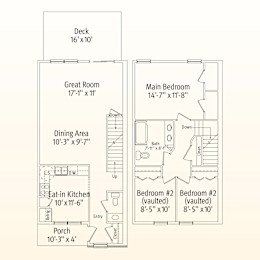 A floor plan of a house with a deck, two bedrooms, a dining area, a great room, and an eat-in kitchen.