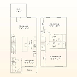 A floor plan of a house with a deck, two bedrooms, a living area, a dining area, a porch, a kitchen, and two bathrooms.