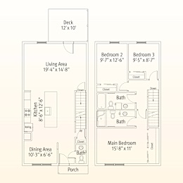 A floor plan of a house with a deck, two bedrooms, a living area, a dining area, a kitchen, a porch, and two bathrooms.