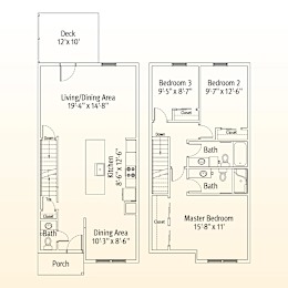 A floor plan of a small apartment with a deck, two bedrooms, a living/dining area, a kitchen, a porch, and a master bedroom.
