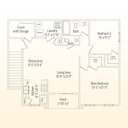 A floor plan of a house with a living area, dining area, kitchen, and three bedrooms.