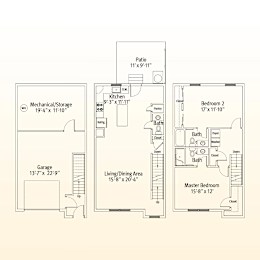 A floor plan of a house with a garage, living area, kitchen, and two bathrooms.