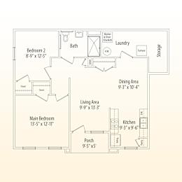 A floor plan of a house with labeled rooms and dimensions.