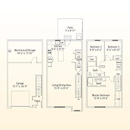 A floor plan of a house with a garage, a living area, a kitchen, a dining area, and three bedrooms.