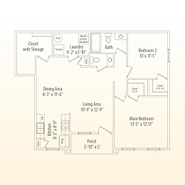 A floor plan of a house with a living area, dining area, kitchen, bathroom, and two bedrooms.