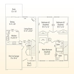 A floor plan of a house with a deck, living room, kitchen, dining area, and three bedrooms.