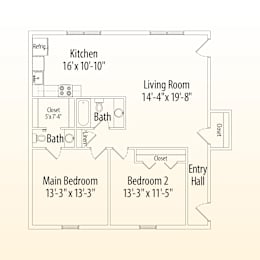A floor plan of a home with a kitchen, living room, two bathrooms, and two bedrooms.