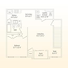 A floor plan of a house with a living area, bedroom, kitchen, and bath.