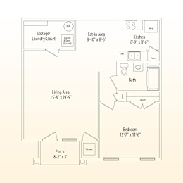 A floor plan of a small apartment with a living area, kitchen, bathroom, and bedroom.