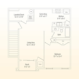 A floor plan of a house with a laundry/closet, eat-in area, kitchen, bath, living area, bedroom, and porch.