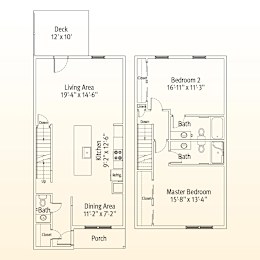 A floor plan shows a deck, two bathrooms, a kitchen, a dining area, a living area, and two bedrooms.