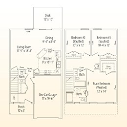 A floor plan of a house with a living room, dining room, kitchen, two bedrooms, a bathroom, and a porch.