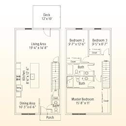 A floor plan of a house with a deck, living area, dining area, kitchen, two bedrooms, two bathrooms, and a porch.