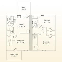 A floor plan of a house with a living room, kitchen, two bedrooms, a bathroom, and a patio.