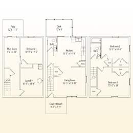 A floor plan of a house with a laundry room, three bedrooms, a bathroom, a kitchen, a mud room, a deck, and a covered porch.