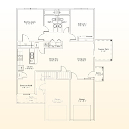 A floor plan of a house with a main bedroom, two bathrooms, a dining area, a kitchen, a breakfast nook, two garages, and a covered patio.