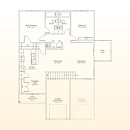 A floor plan of a house with two garages, a deck, and a living area.