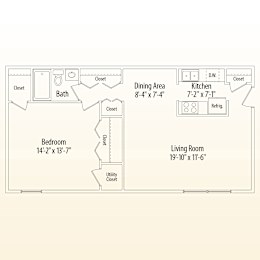 A floor plan of a small apartment with a bedroom, living room, kitchen, and bath.
