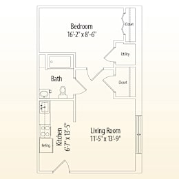 A drawing of a floor plan for a small apartment with a bedroom, living room, and kitchen.