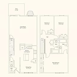 A floor plan of a house with a patio, great room, kitchen, dining area, and three bedrooms.